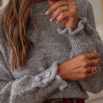 Women's Ruffle Cuff Sweater - Soft Round Neck Long Sleeve Casual Top For Chic Everyday Outfits