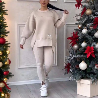 Women's Solid Color 2-Piece Set, Loose Fit Top With Slit Hem & Slim Fit Pants For Spring And Fall