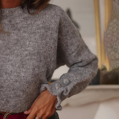 Women's Ruffle Cuff Sweater - Soft Round Neck Long Sleeve Casual Top For Chic Everyday Outfits